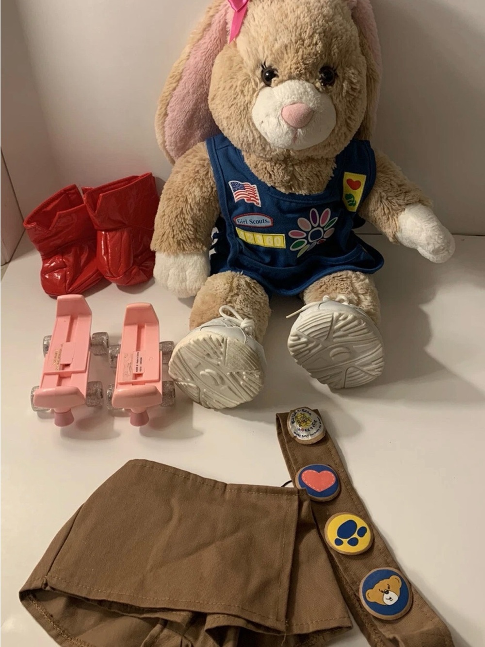 Build-A-Bear Beige Brown Bunny Rabbit With Girl Scout Uniform and Extras